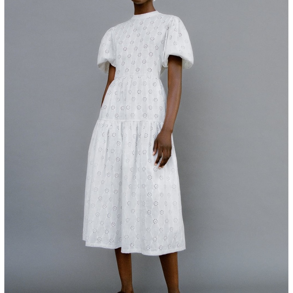 🤍 ZARA Cut Out Back Eyelet MIDI Dress sz Large - Picture 14 of 17
